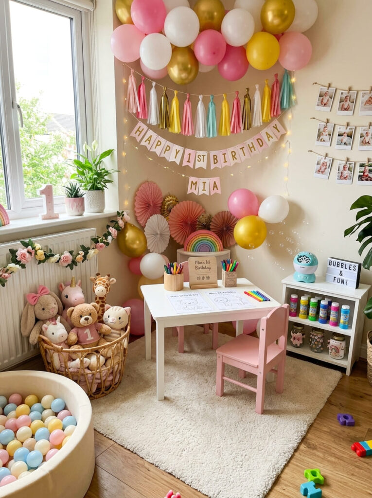 Colorful first birthday activity corner with coloring and bubbles