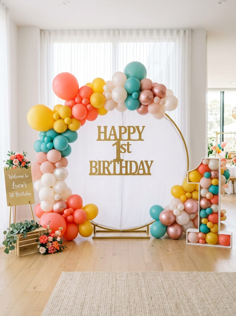 Colorful first birthday backdrop with balloons and a bold birthday sign
