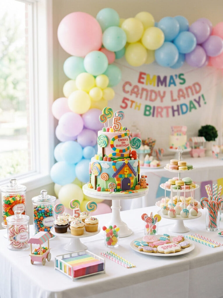 Candy Land fifth birthday cake table with a clean and polished setup