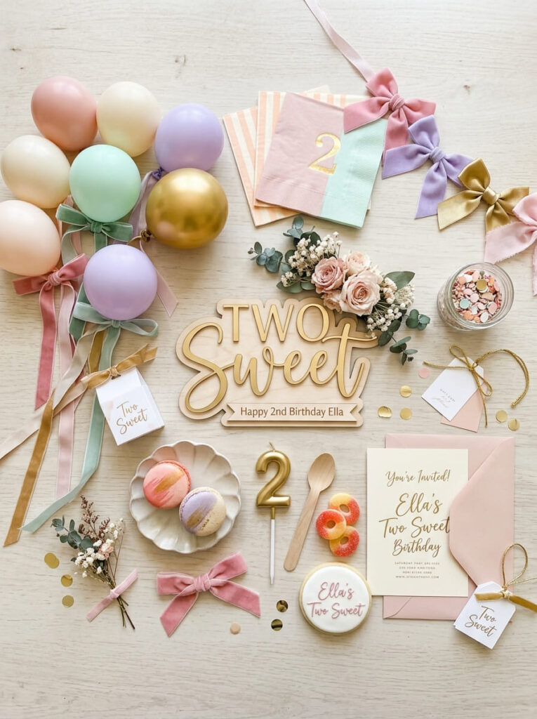 Two Sweet birthday color palette with soft pink peach mint and gold tones