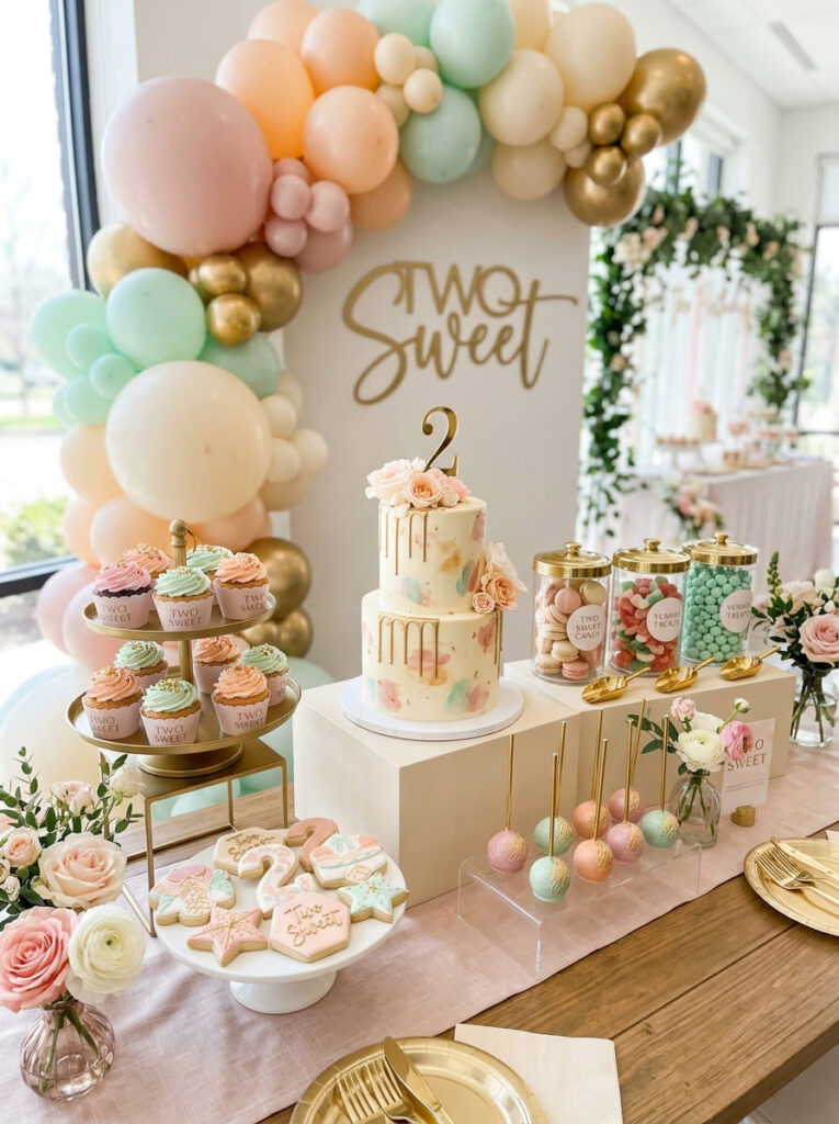 Two Sweet birthday dessert table with cake cupcakes and pastel treats