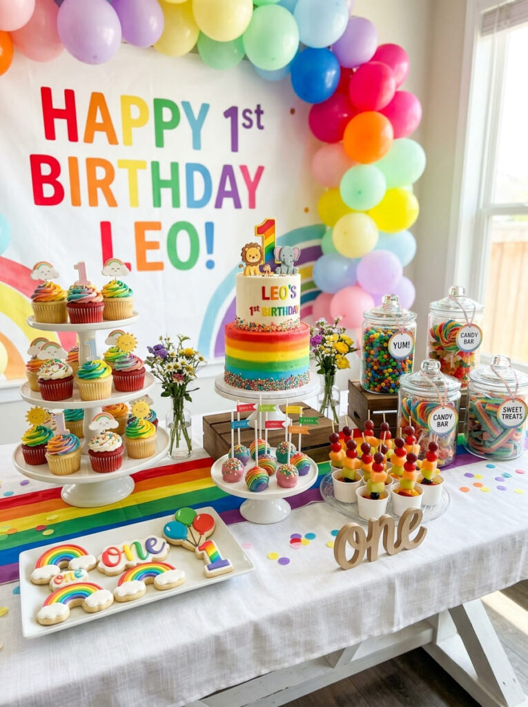 Colorful first birthday dessert display with cupcakes cookies and sweet treats