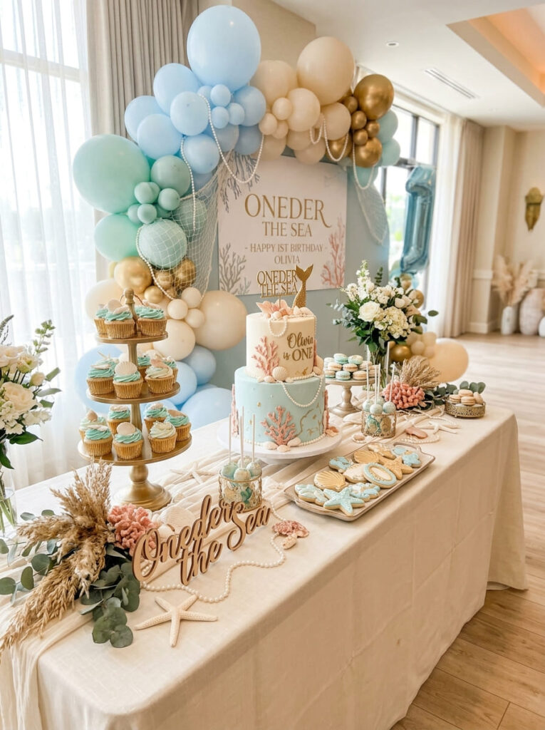 Oneder the Sea food table with soft coastal snacks and simple labels