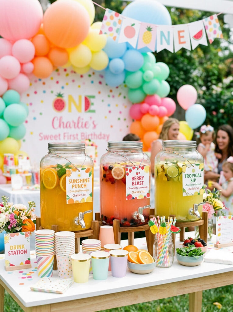 Colorful first birthday drink station with coordinated cups and labels