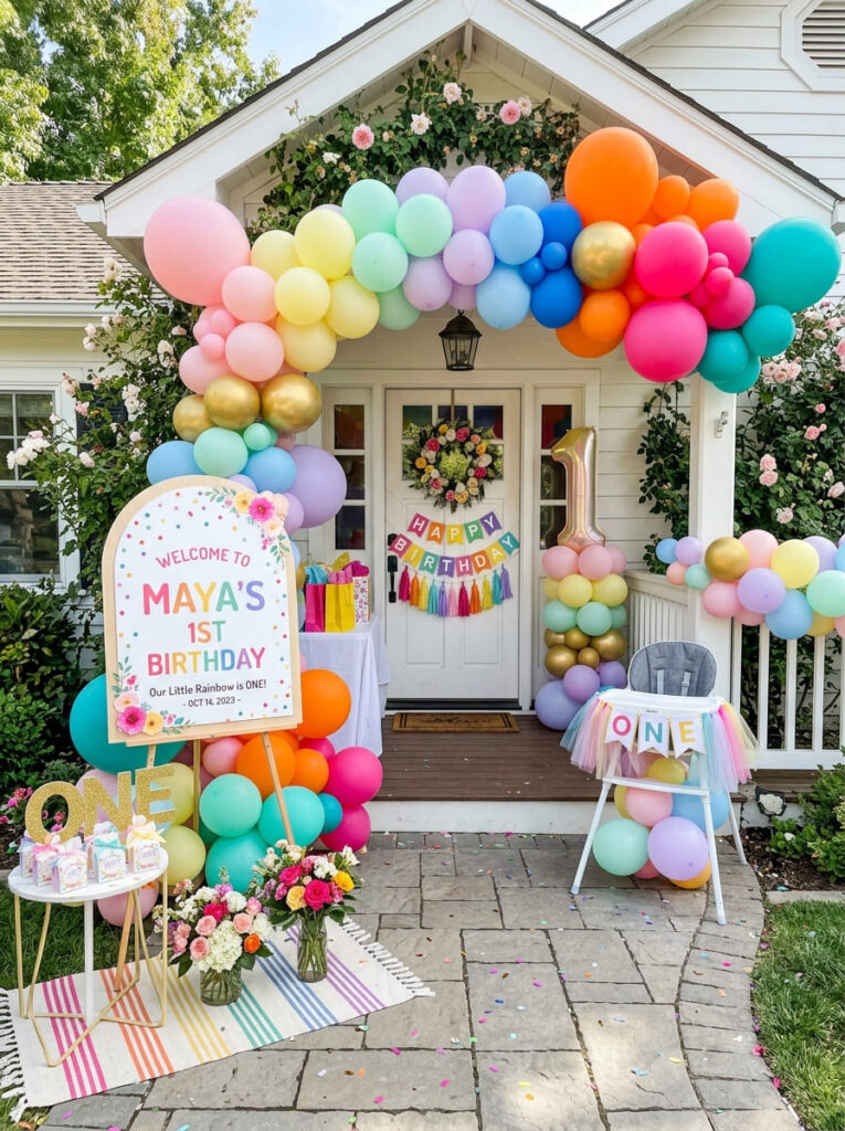 Colorful first birthday entrance with bright balloons and a welcome sign