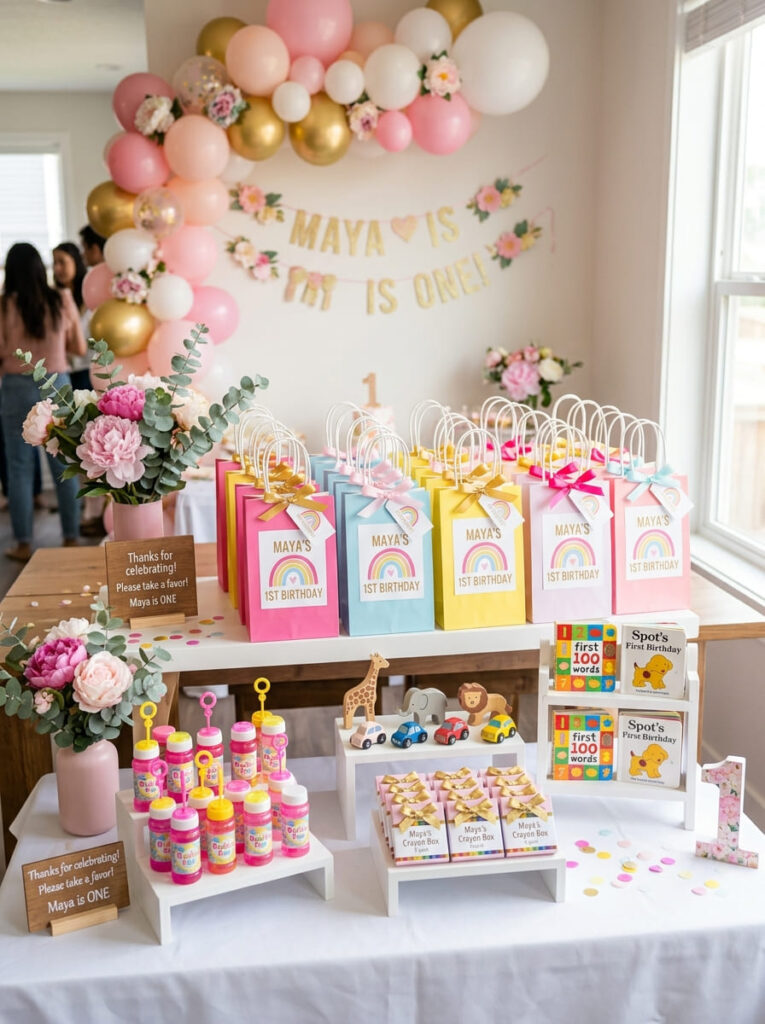 Colorful first birthday favor display with bright treat bags and little gifts