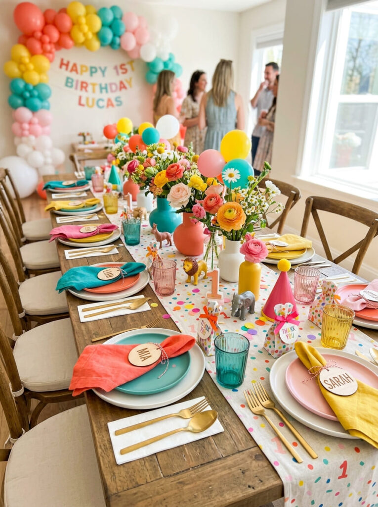 Colorful first birthday guest table with bright coordinated tableware