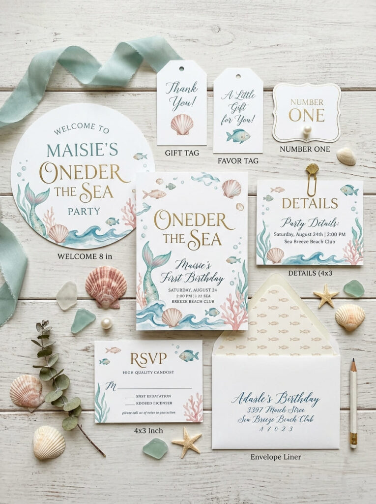 Oneder the Sea invitations and signs with elegant coastal wording