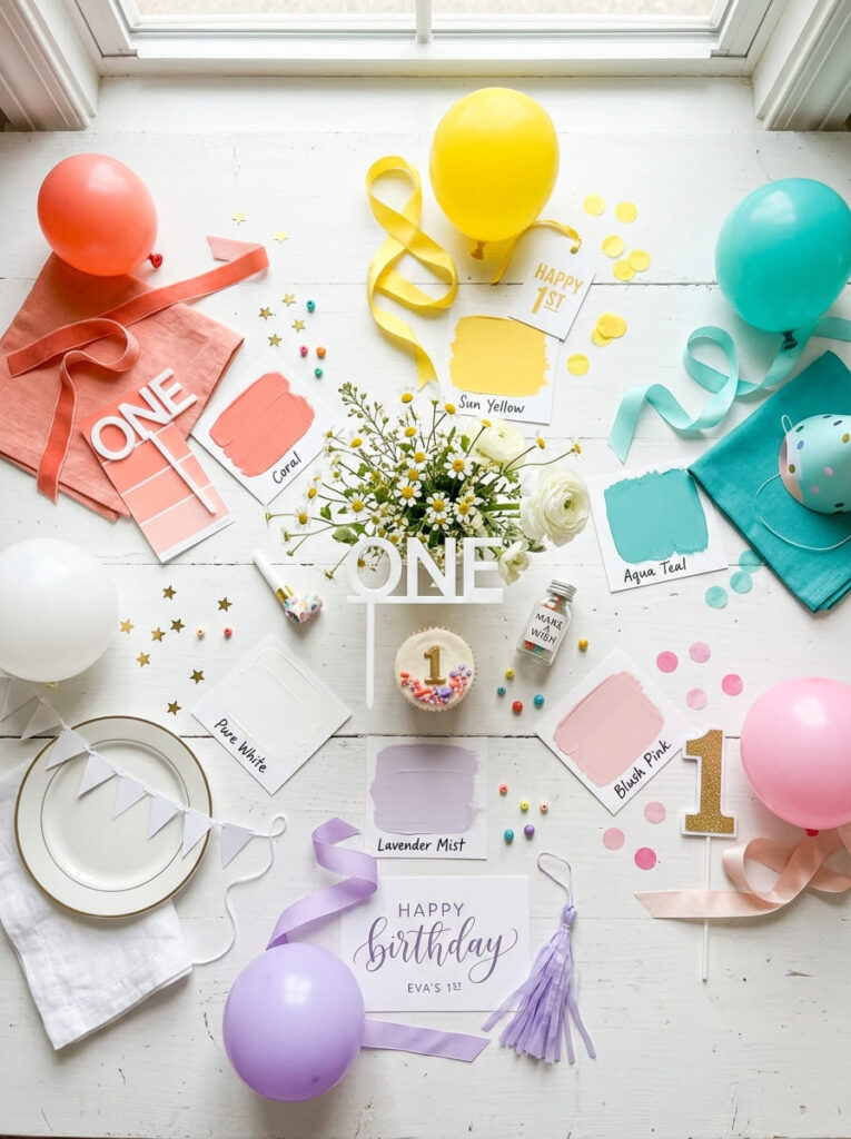 Colorful first birthday palette with coordinated bright and pastel shades