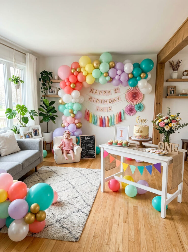 Budget friendly colorful first birthday party with a stylish backdrop and cake table