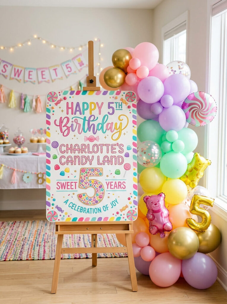 Candy Land fifth birthday sign with bright candy-inspired styling