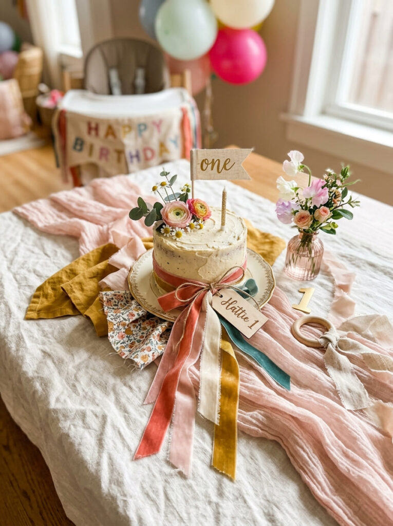 Soft fabrics and textures used to balance a colorful first birthday party