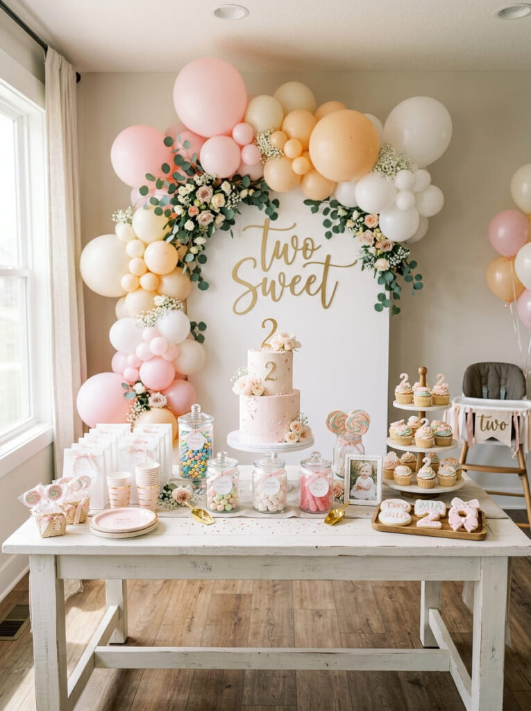 Two Sweet birthday decor with candy accents styled neatly