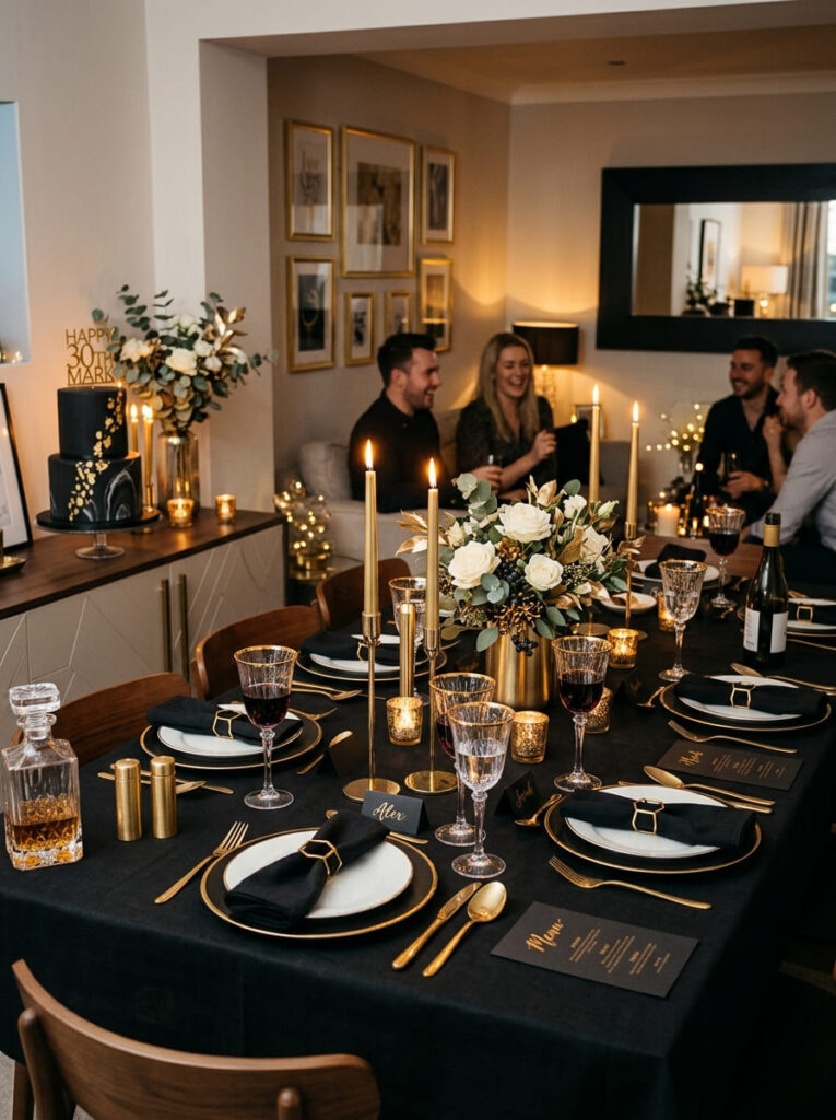 Black and gold men’s birthday dinner theme with elegant table styling