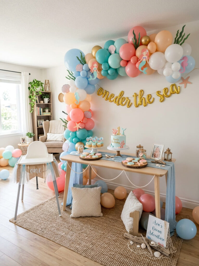 Budget friendly Oneder the Sea birthday setup with stylish coastal decor