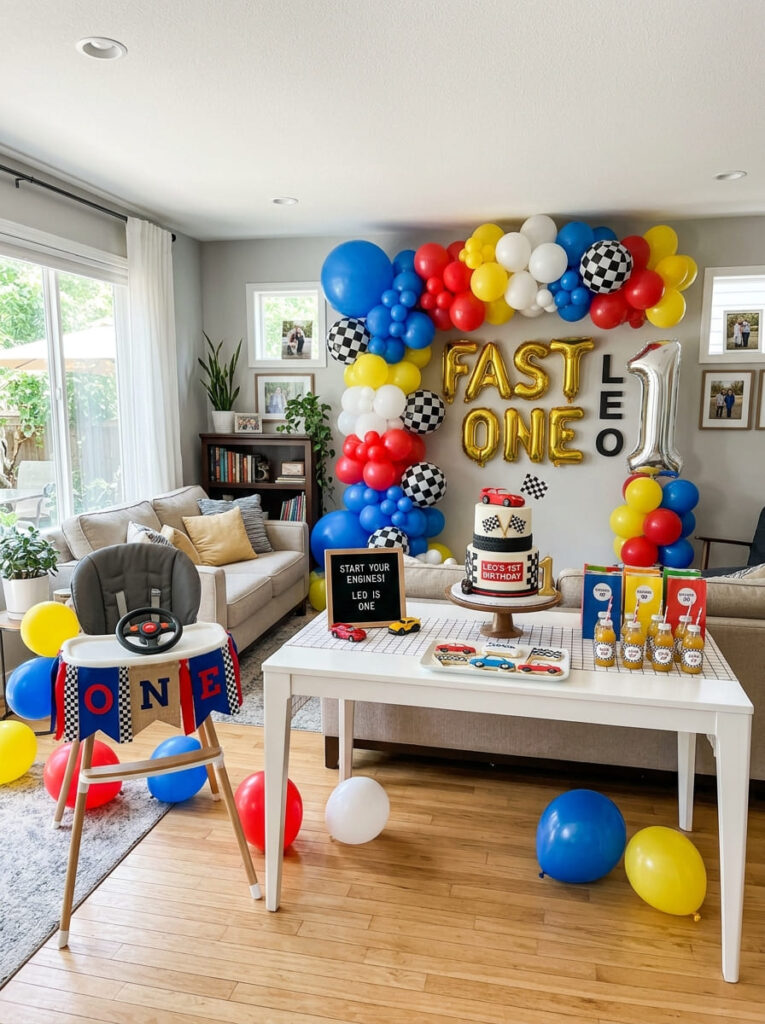 Budget friendly cars first birthday setup with stylish race-themed decor
