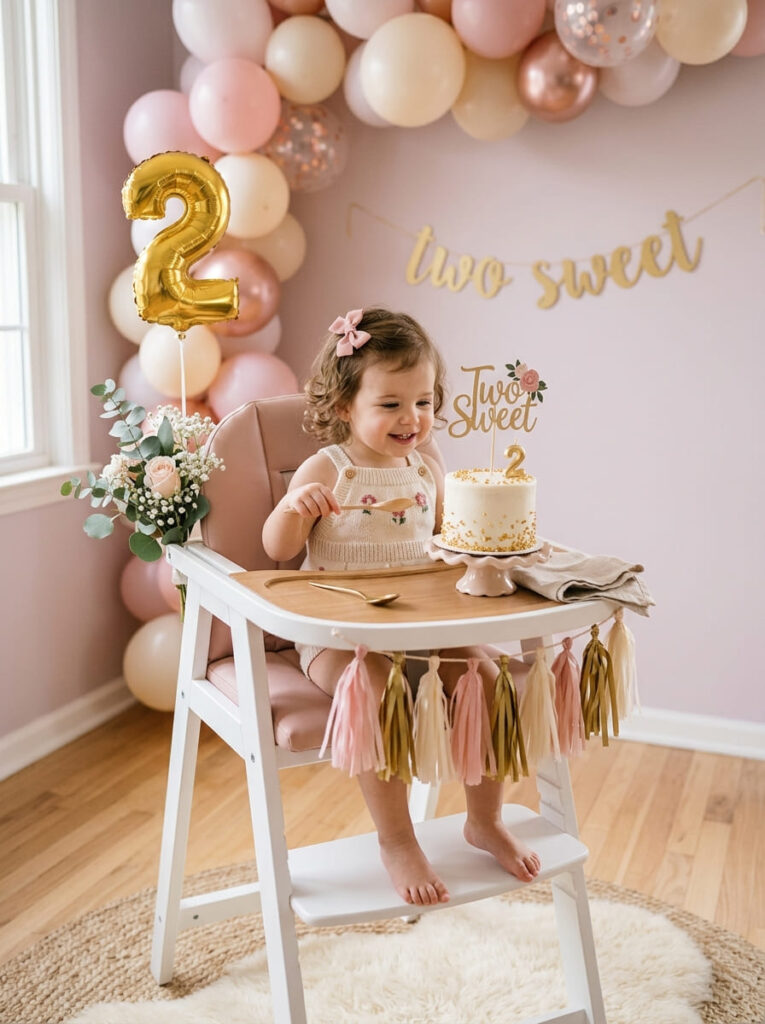Two Sweet second birthday cake moment with a simple high chair and balloons