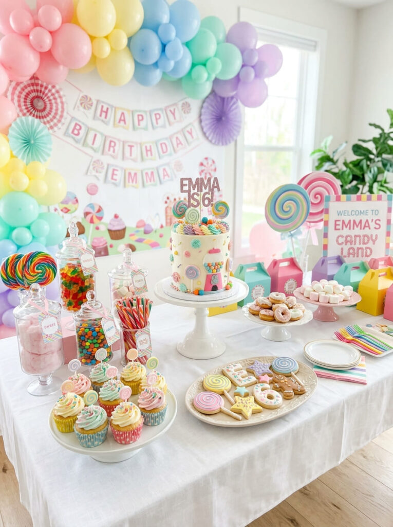 Candy Land birthday dessert table with colorful sweets