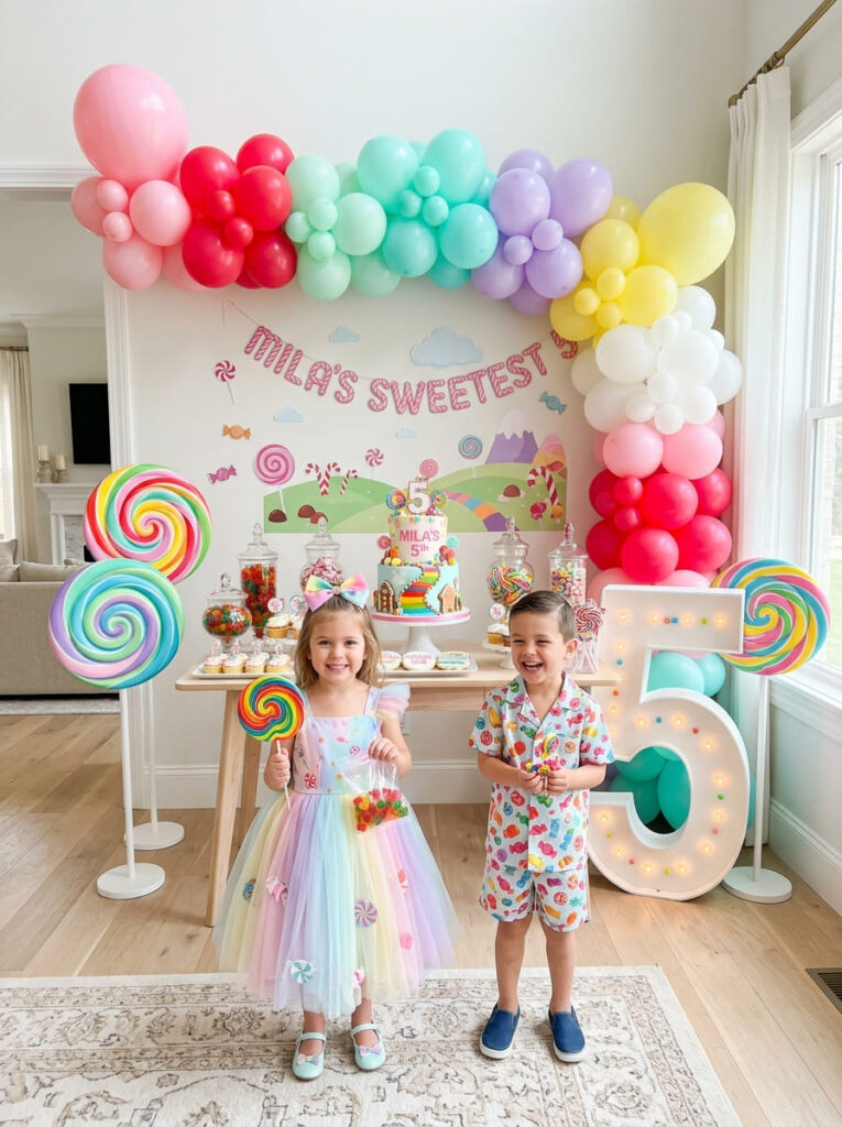 Modern Candy Land fifth birthday party setup at home
