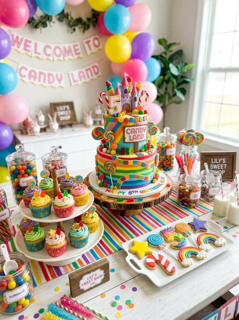 Candy Land fifth birthday dessert table with a few colorful extra treats