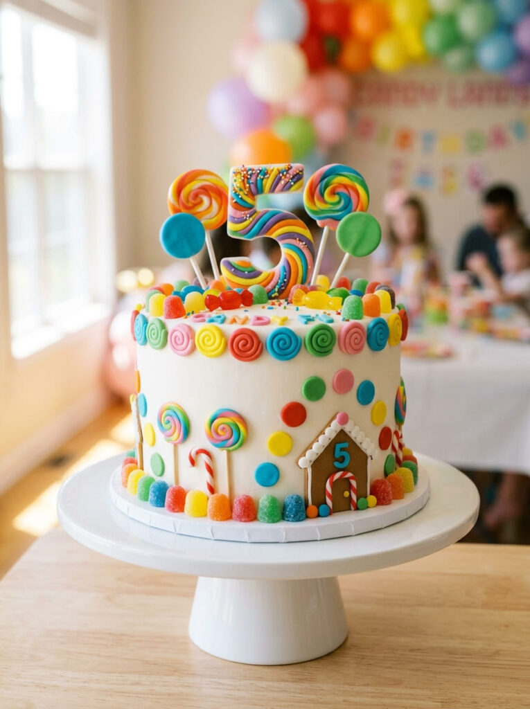 Candy Land fifth birthday cake with colorful swirl and lollipop details