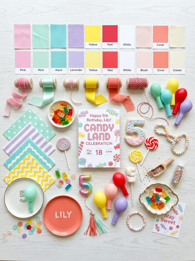 Candy Land fifth birthday color palette with bright and polished party tones