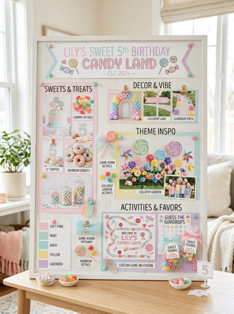 Candy Land fifth birthday theme direction with pastel sweets and playful details