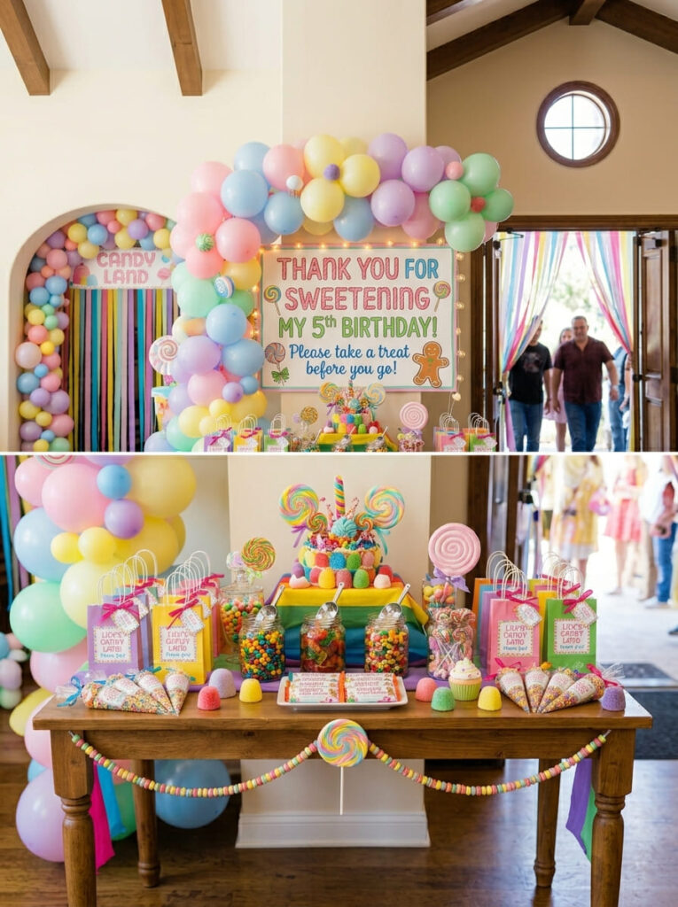 Candy Land thank you station with favors and treats near the exit

