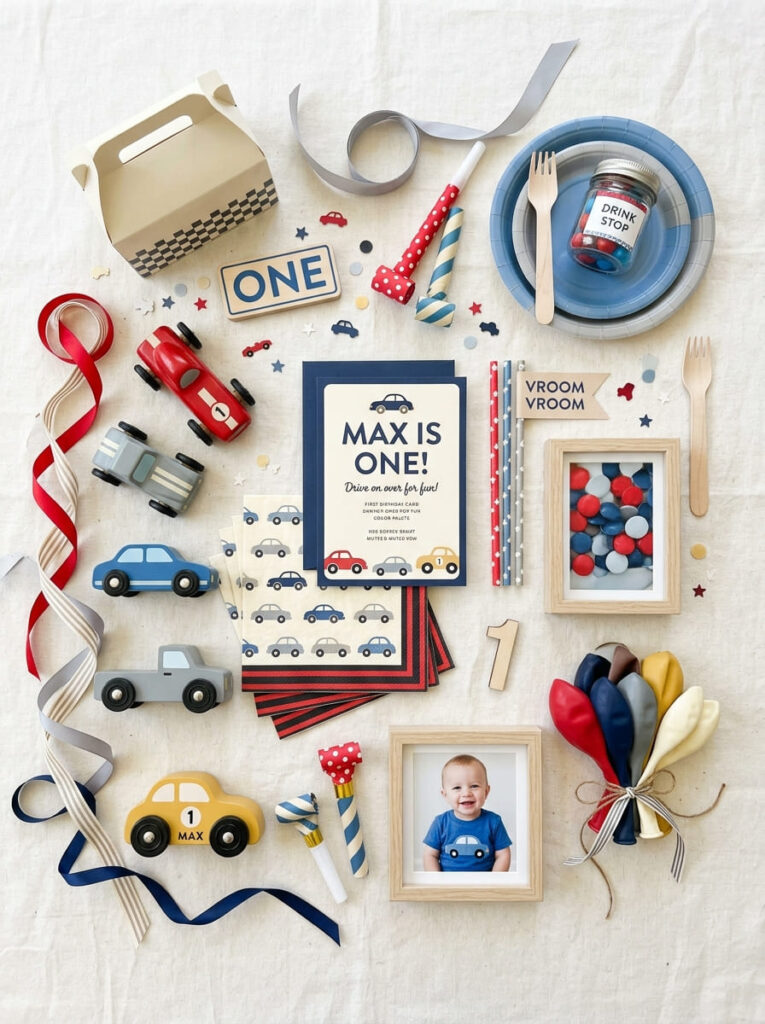 Cars first birthday color palette with red blue cream gray and black details