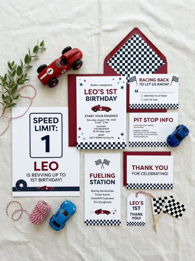 Cars first birthday invitations and signs with fun racing-themed wording