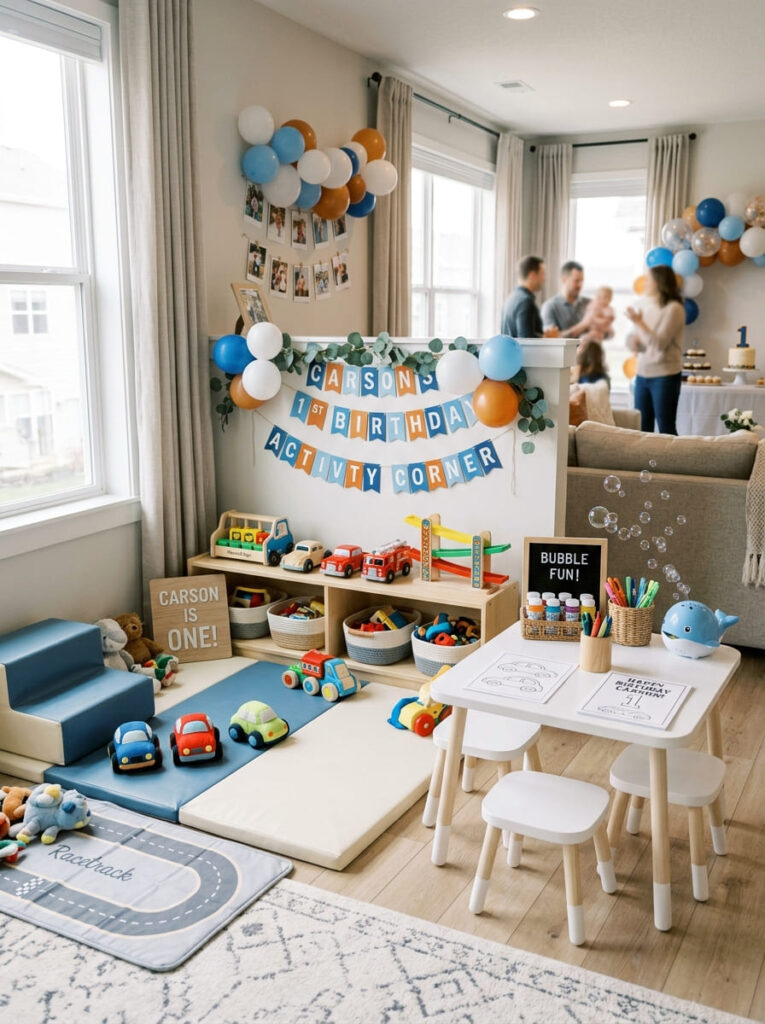 Cars first birthday activity corner with toy cars bubbles and soft play details