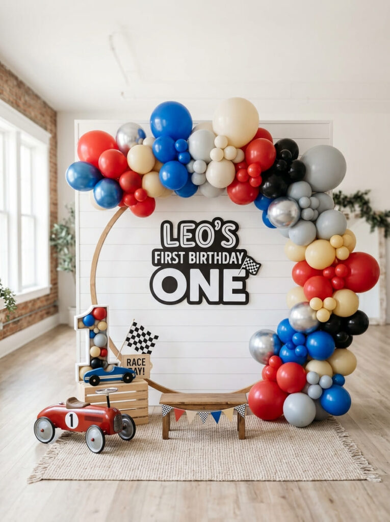Cars first birthday backdrop with balloons and race car details
