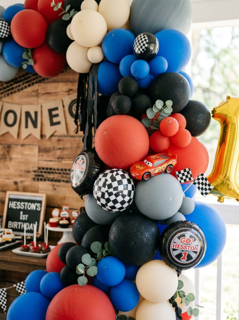 Cars first birthday balloon garland with mixed racing colors