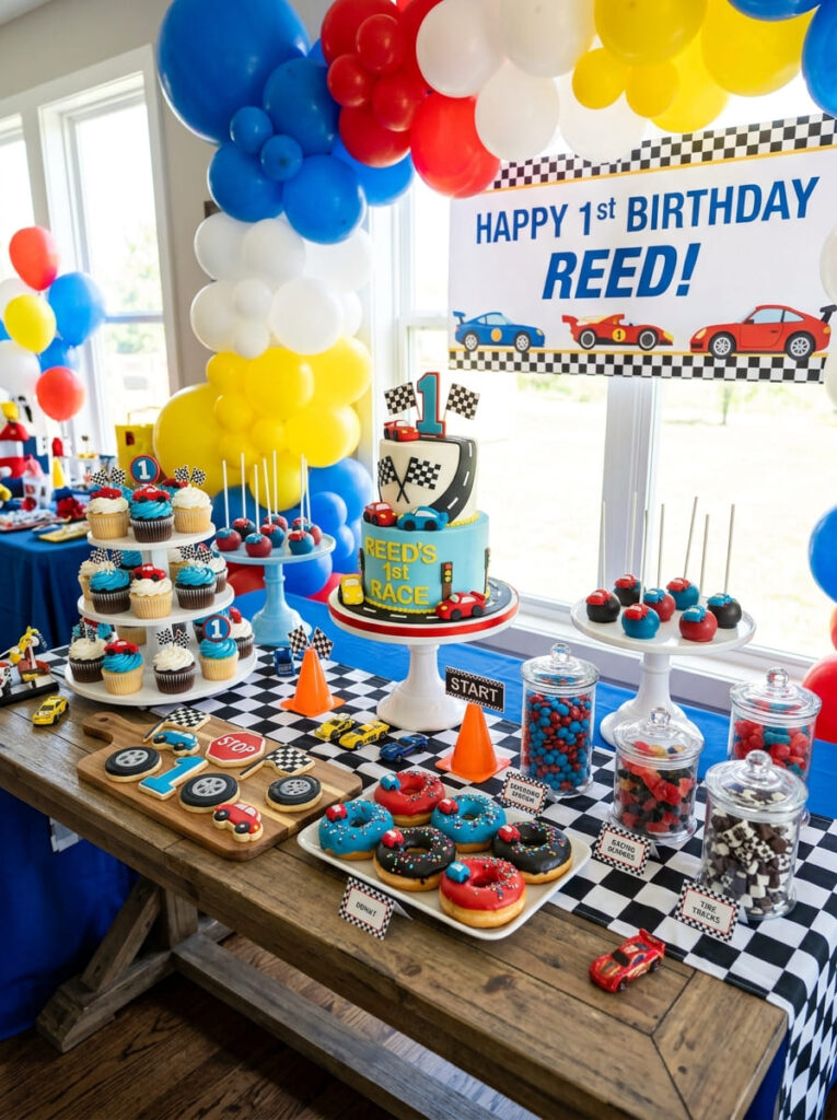 Cars first birthday dessert display with cookies cupcakes and race-themed sweets