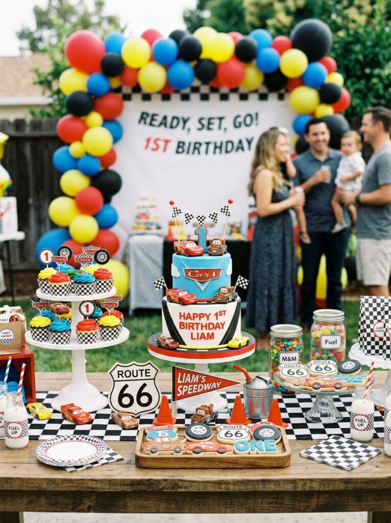 Cars first birthday dessert table with cake cupcakes and race-inspired details