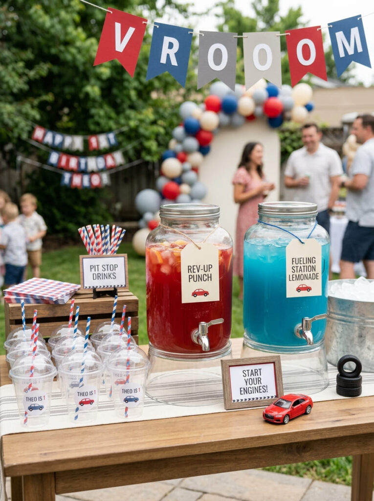 Cars first birthday drink station with coordinated cups and race details