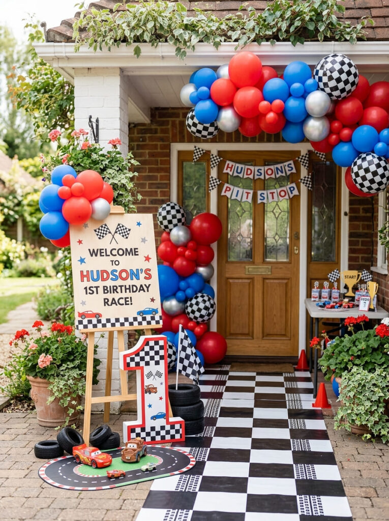 Cars first birthday entrance with balloons and a racing-themed welcome sign