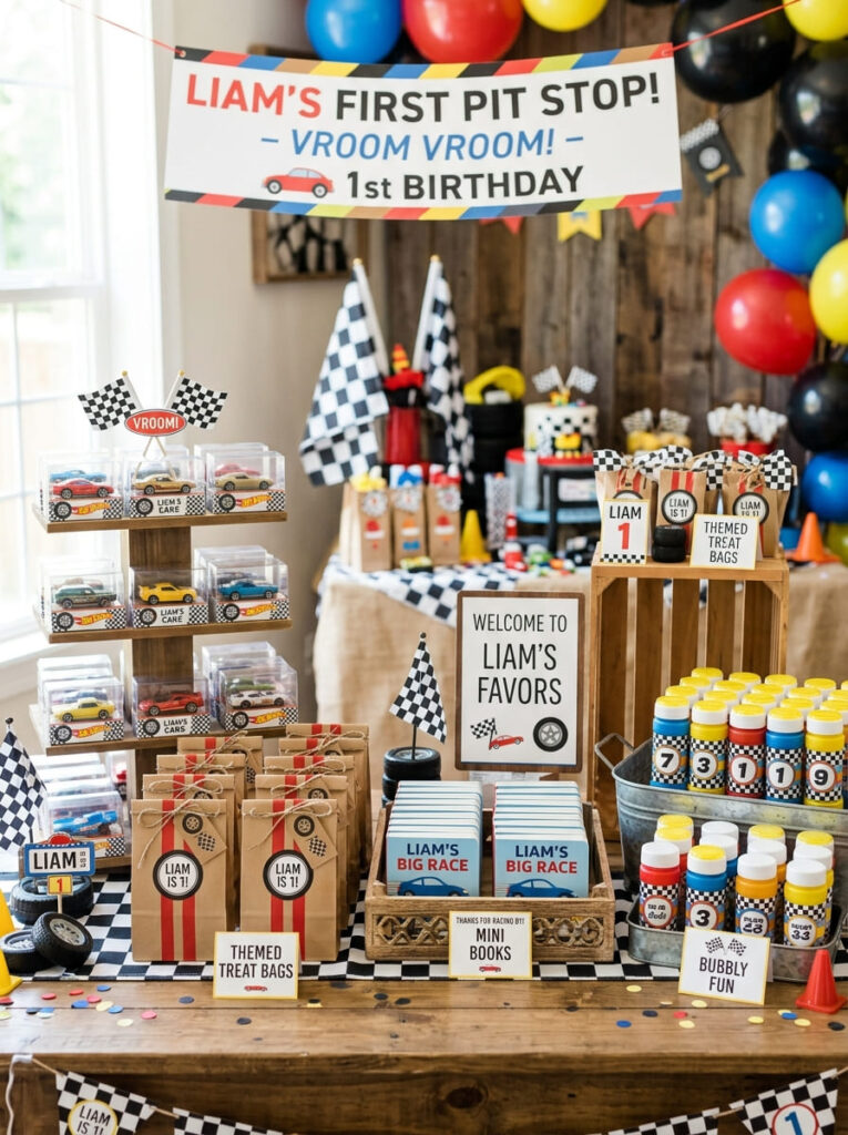Cars first birthday favor display with toy cars and themed treat bags