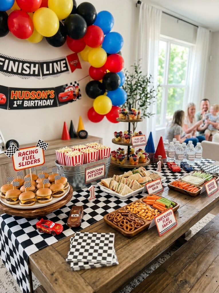Cars first birthday food table with snack trays and playful labels