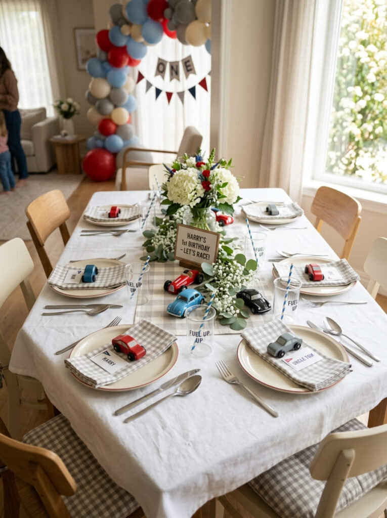 Cars first birthday guest table with checkered accents and toy car decor