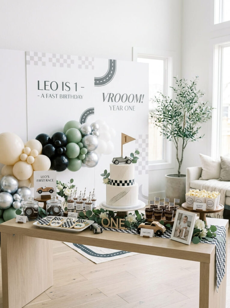 Cars first birthday decor with toy cars and race accents styled neatly