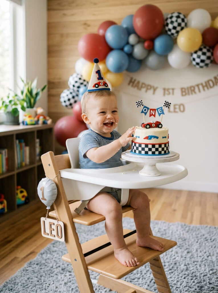 Cars first birthday cake moment with a simple high chair and soft balloons