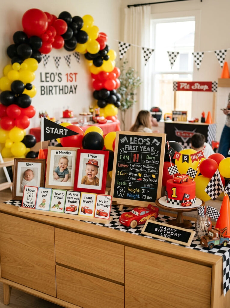 Cars first birthday memory display with baby photos milestone cards and race details