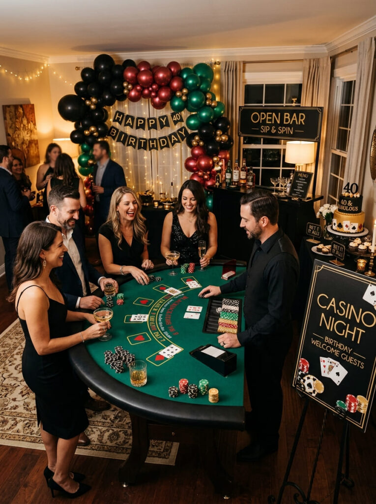 Casino night birthday theme with polished adult party styling