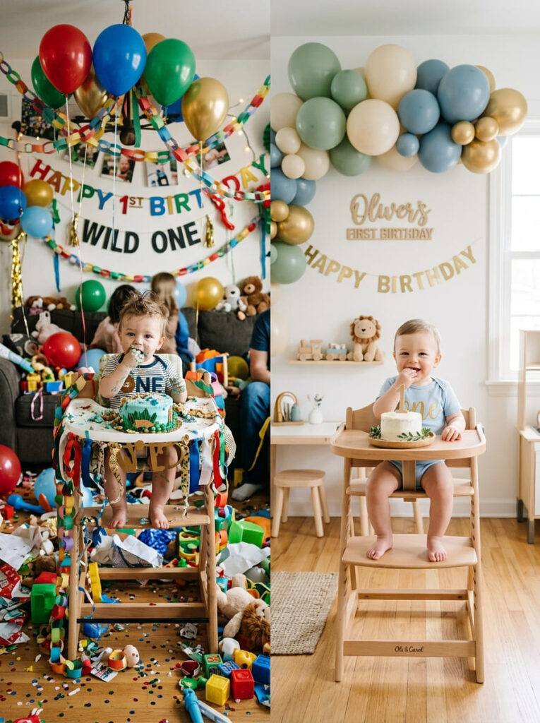 Colorful first birthday styling compared with a cleaner polished version