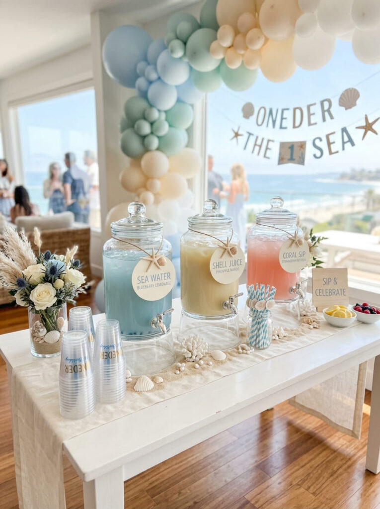 Oneder the Sea drink station with soft coastal cups and shell accents