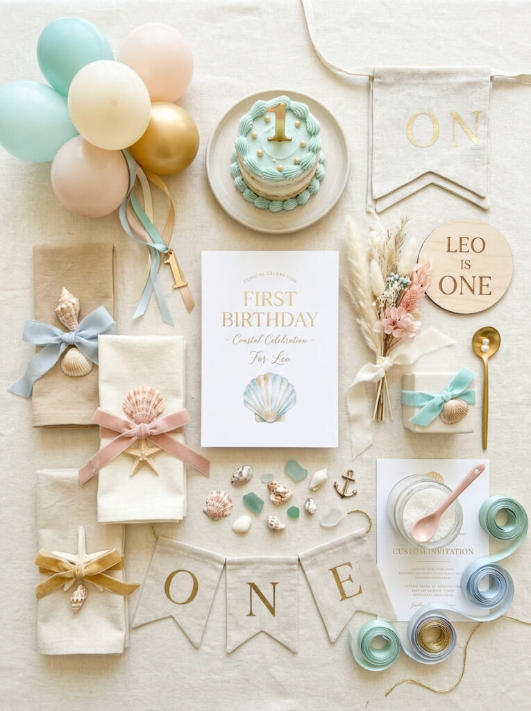 Oneder the Sea birthday color palette with pale blue seafoam sand and soft gold tones
