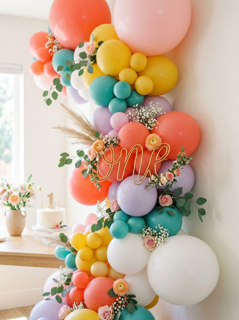 Structured colorful first birthday balloon garland with mixed bright shades