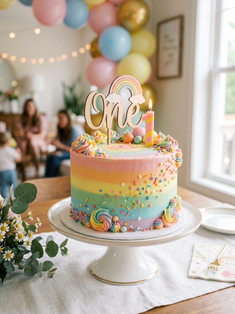 Colorful first birthday cake with rainbow inspired details and soft buttercream