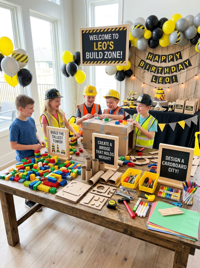 Modern construction birthday party layout with neutral styling and organized decor for older kids